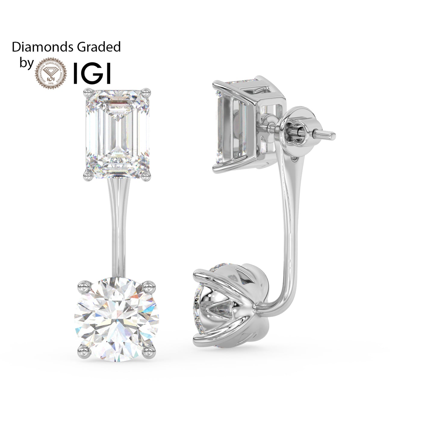 4ct Emerald and Round Drop Lab Diamond Earrings E VVS 18K Gold