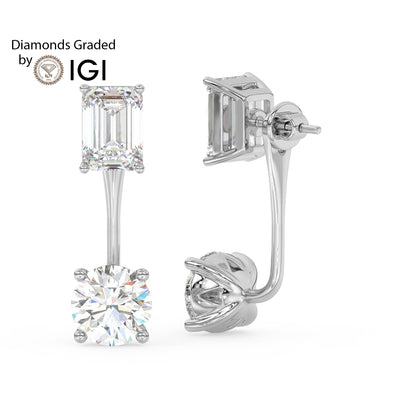 4ct Emerald and Round Drop Lab Diamond Earrings E VVS 18K Gold