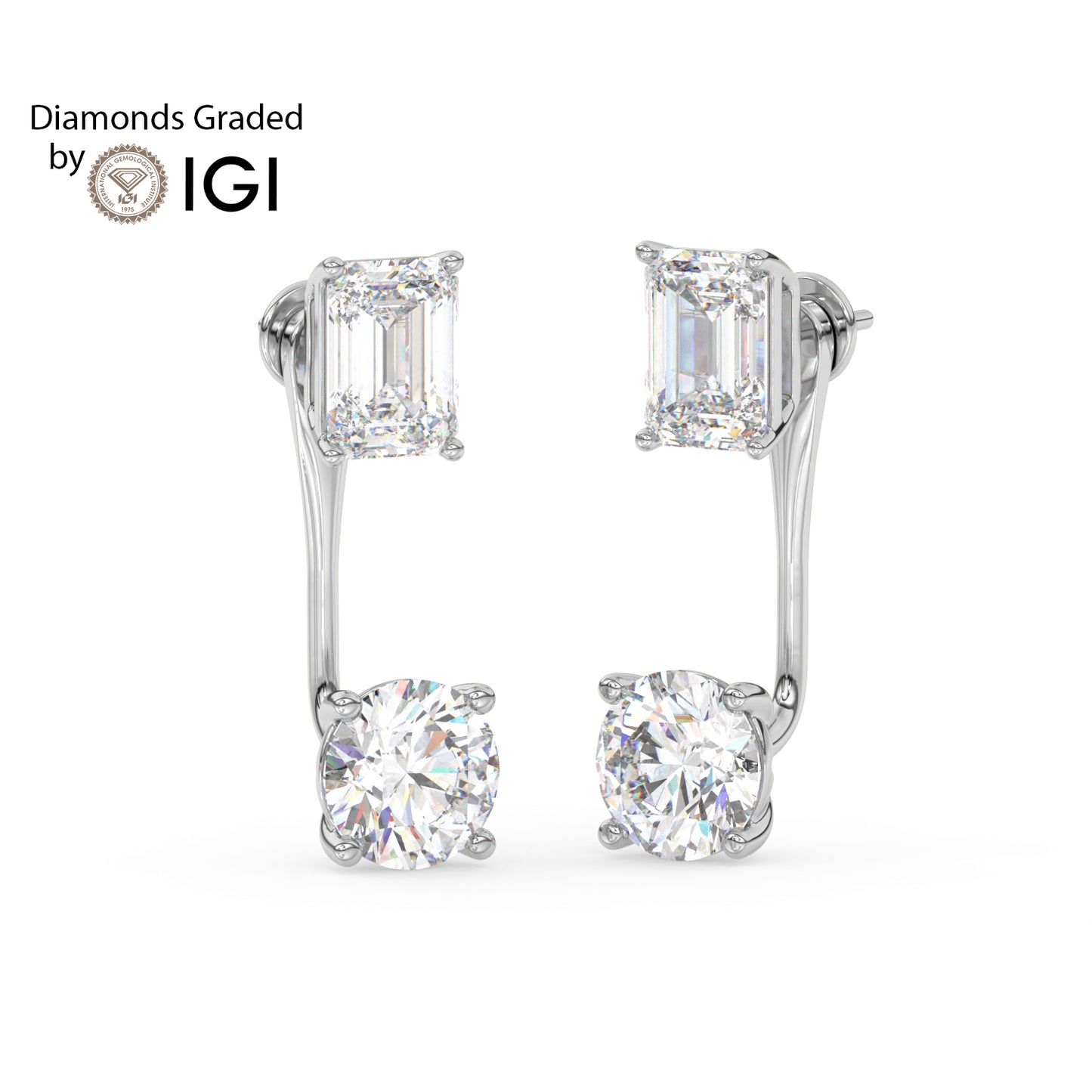 4ct Emerald and Round Drop Lab Diamond Earrings E VVS 18K Gold