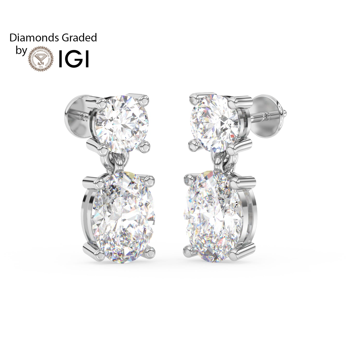 3ct Round and Oval Drop Lab Diamond Earrings E VVS 14K Gold