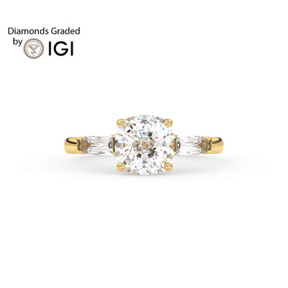 2ct Cushion Lab Diamond Trilogy Ring with Baguette Side Diamonds - E/VVS 18K Gold