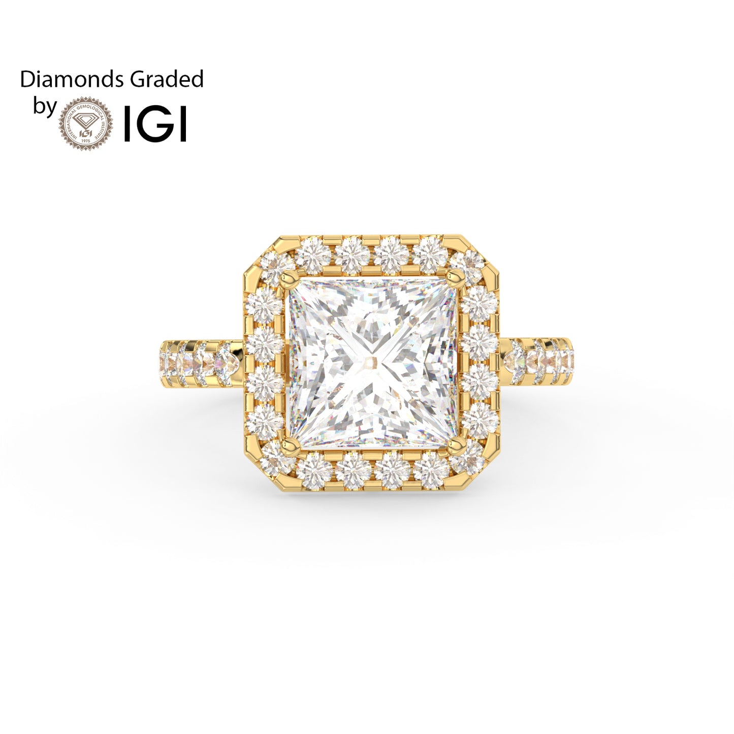 3ct Princess Lab Diamond Halo Engagement Ring - E/VVS 18K Gold