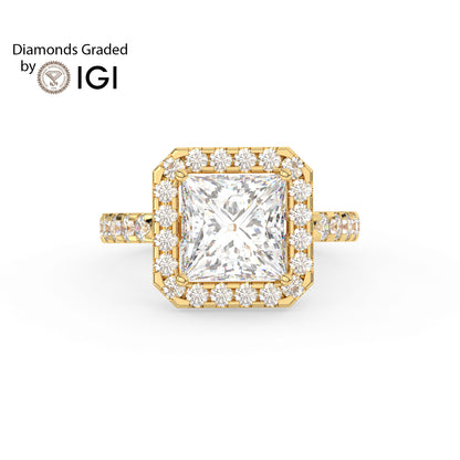 3ct Princess Lab Diamond Halo Engagement Ring - E/VVS 18K Gold