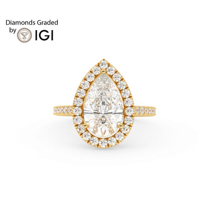 3ct Pear Lab Diamond Halo Engagement Ring - E/VVS 18K Gold