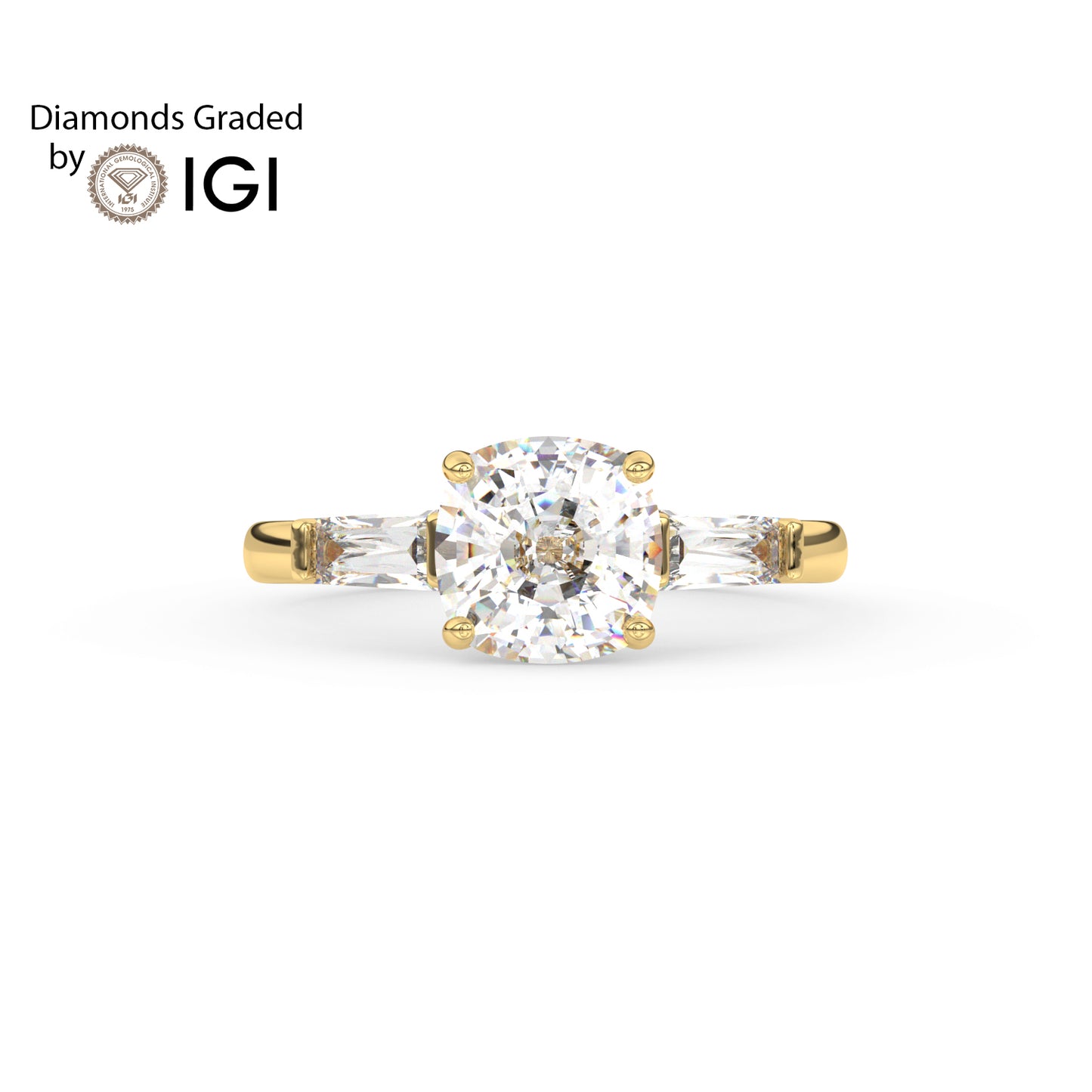 2ct Round Lab Diamond Trilogy Ring with Baguette Side Diamonds - E/VVS 14K