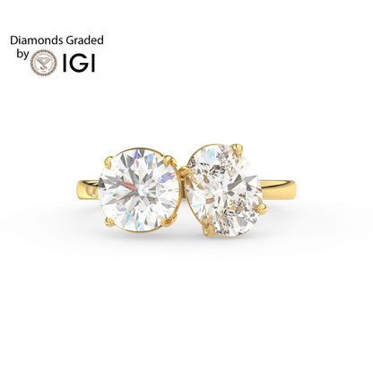 4ct Toi et Moi Round and Oval Lab Diamond Ring- E/VVS 14K Gold