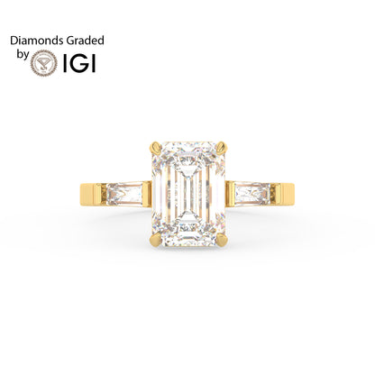 2ct Emerald Lab Diamond Trilogy Ring with Baguette Side Diamonds - E/VVS 14K Gold