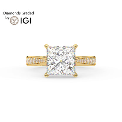 3ct Princess Lab Diamond Engagement Ring with Diamond Band - E/VVS 18K Gold