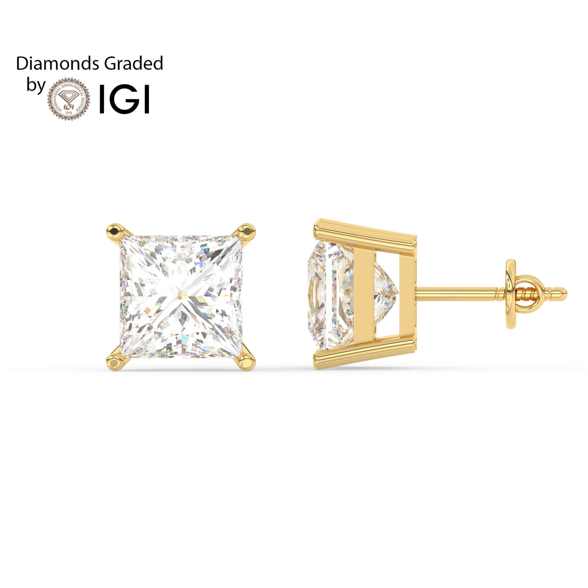 2ct Princess Lab Diamond Solitaire Stud Earrings - E/VVS 14K Gold