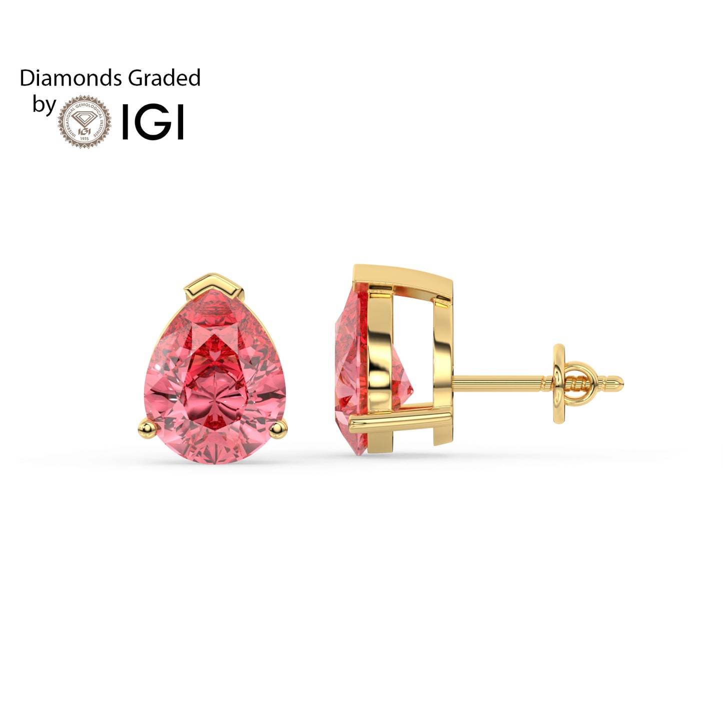 2ct Intense Pink Pear Lab Diamond Solitaire Stud Earrings - E/VVS 14K Gold