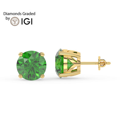 2ct Round Lab Emerald Solitaire Stud Earrings - E/AAA 14K Gold