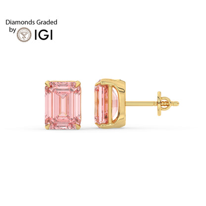 2ct Intense Pink Emerald Lab Diamond Solitaire Stud Earrings - E/VVS 14K Gold