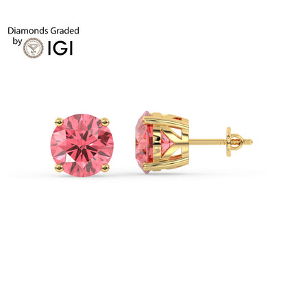 2ct Intense Pink Round Lab Diamond Solitaire Stud Earrings - E/VVS 14K Gold