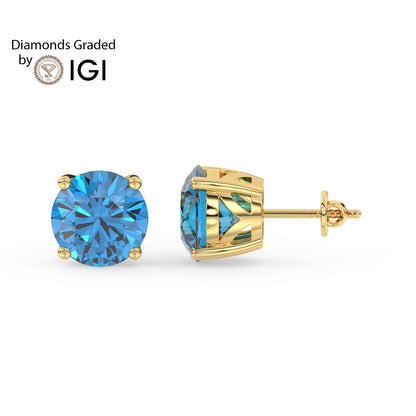 2ct Intense Blue Round Lab Diamond Solitaire Stud Earrings - E/VVS 14K Gold