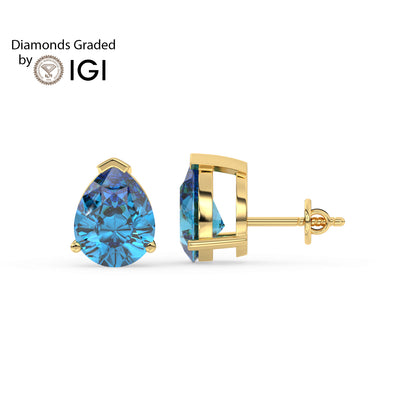 2ct Intense Blue Pear Lab Diamond Solitaire Stud Earrings - E/VVS 14K Gold