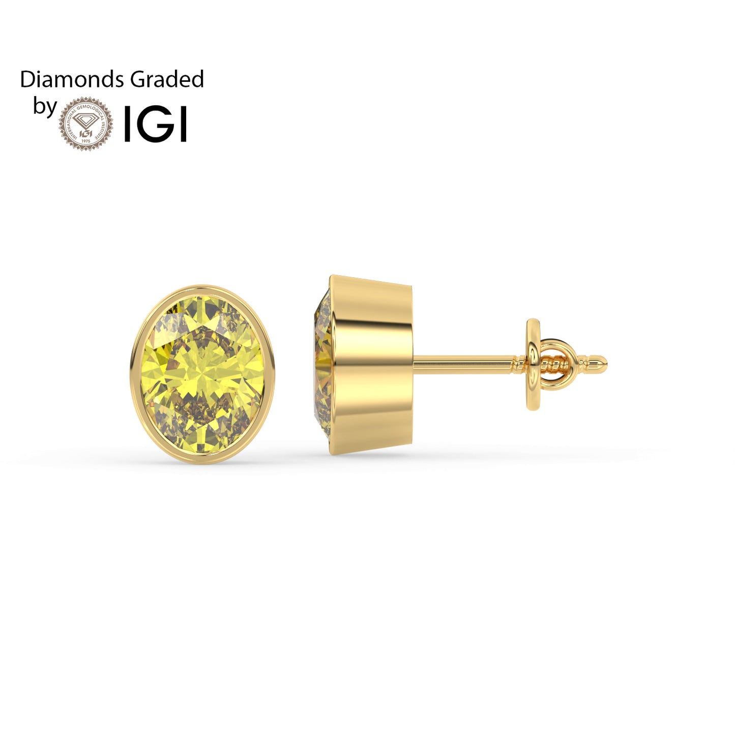 2ct Intense Yellow Oval Lab Diamond Solitaire Stud Earrings - E/VVS 14K Gold
