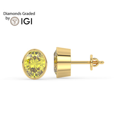 2ct Intense Yellow Oval Lab Diamond Solitaire Stud Earrings - E/VVS 14K Gold
