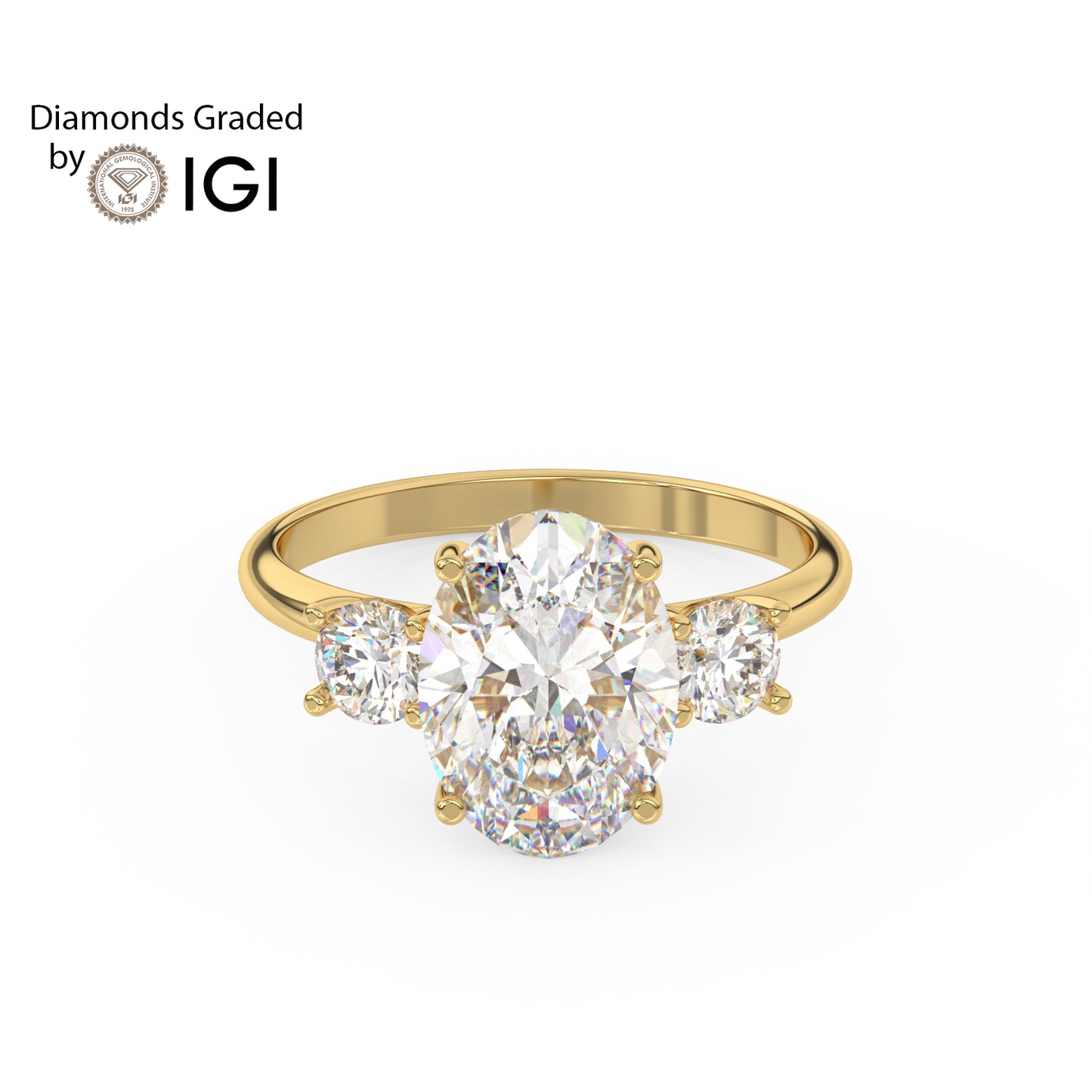 3ct Oval Lab Diamond Trilogy Ring with Round Side Diamonds - E/VVS 18K Gold