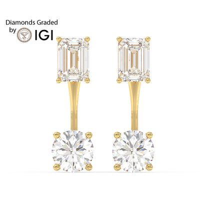 4ct Emerald and Round Drop Lab Diamond Earrings E VVS 18K Gold