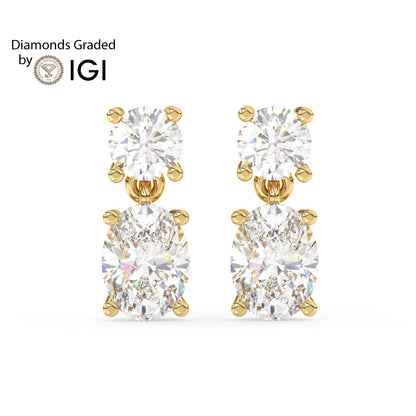 3ct Round and Oval Drop Lab Diamond Earrings E VVS 18K Gold