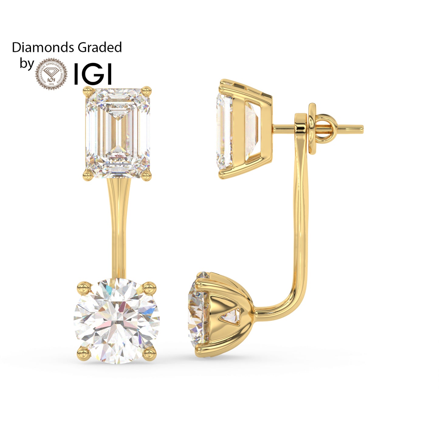 4ct Emerald and Round Drop Lab Diamond Earrings E VVS 18K Gold