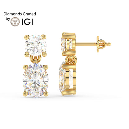 3ct Round and Oval Drop Lab Diamond Earrings E VVS 14K Gold