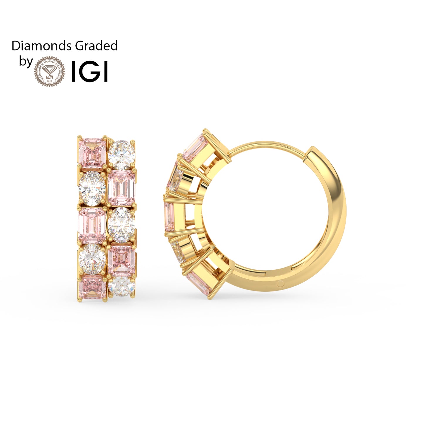 3ct Vivid Pink Oval and Emerald Hoop Lab Diamond Earrings E VVS 18K Gold