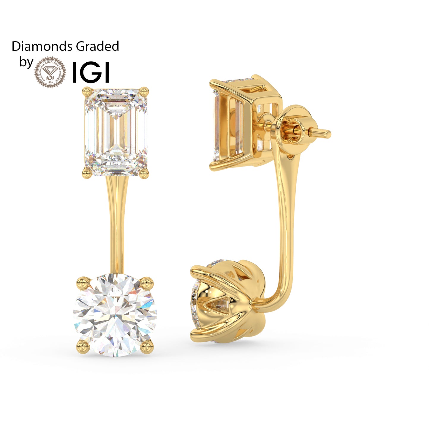 4ct Emerald and Round Drop Lab Diamond Earrings E VVS 18K Gold